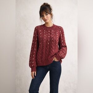 In Loom Chunky Cable Knit Pearl Sweater | Burgundy | Size L | Cottagecore